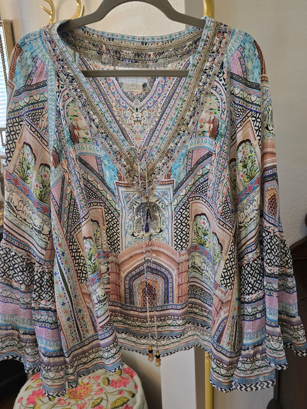 Camilla Silk Embellished Print V-Neck Blouse with Beaded Tassels